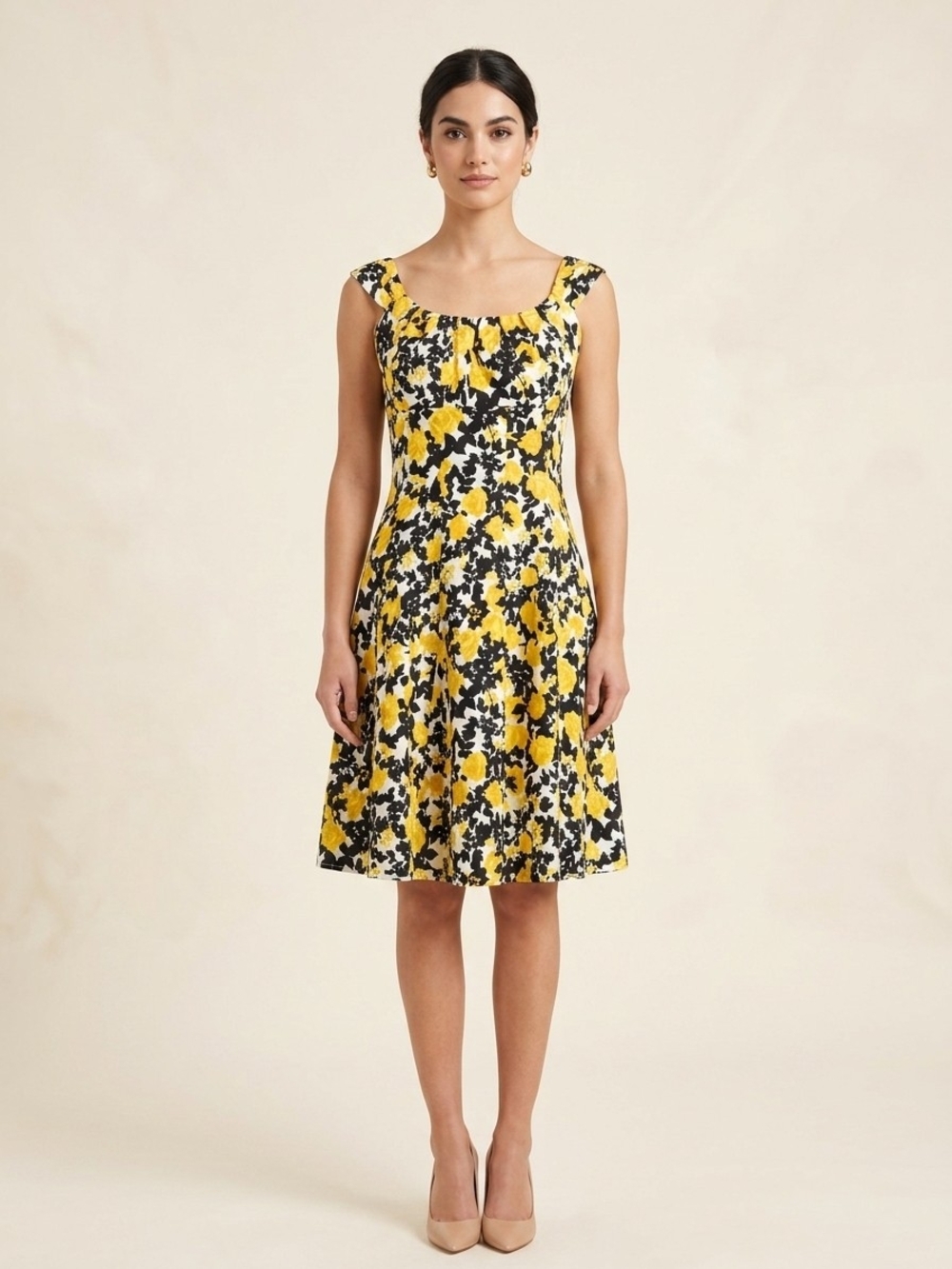 Women's Floral Scoop Neck Fit-and-Flare Black And Yellow Cotton Dress Size 4